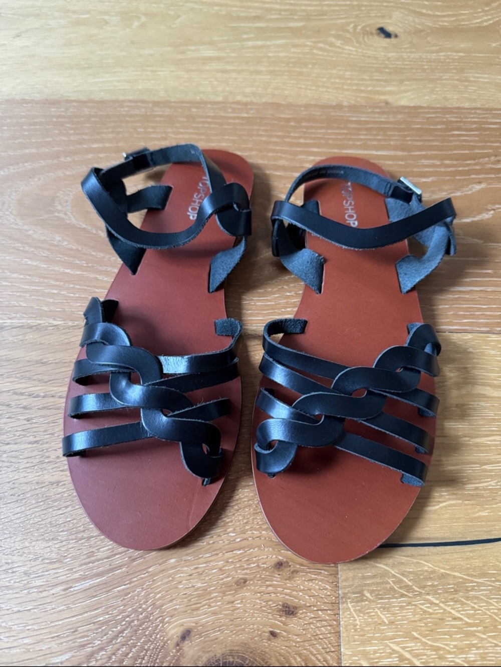Topshop Strappy Leather Sandals 7.5 38 Black